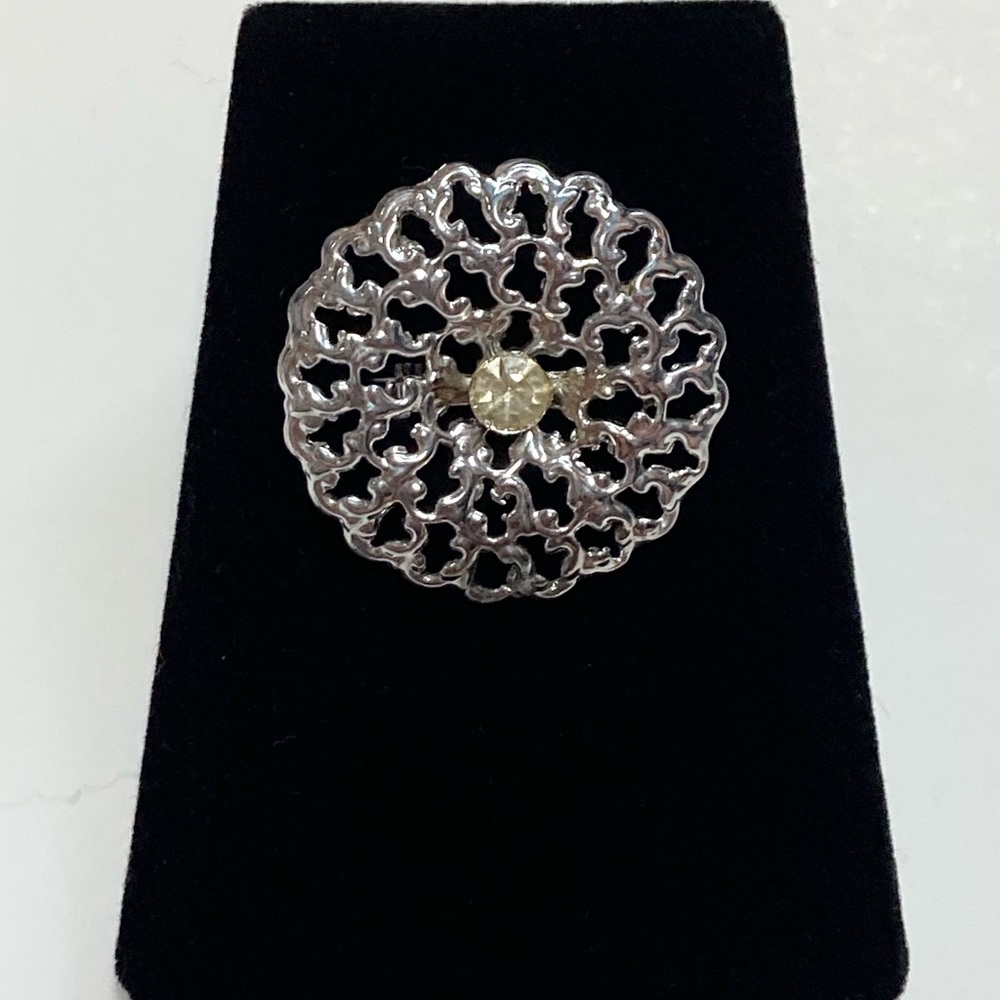 Vintage Rhinestone Silver Tone Filigree Brooch Pin